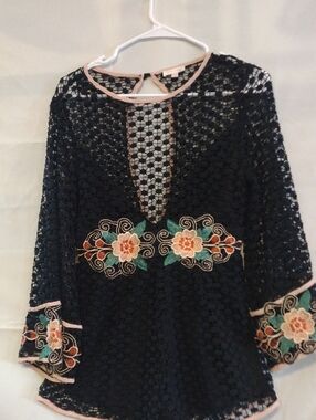 Black Lace Embroidered Floral Romper with Pink Trim